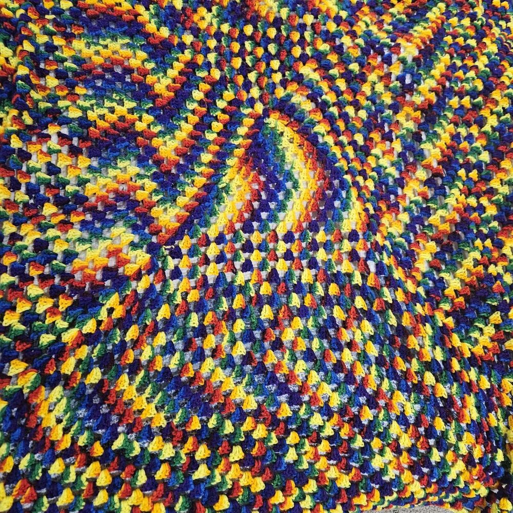 Handmade Rainbow Colored Afghan Throw Blanket Approx 53” X 50” Bright Colors - Picture 3 of 3